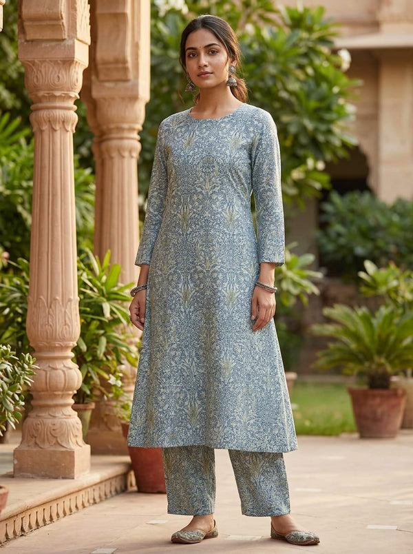 Blue Vintage Botanical Damask Kora Silk Digital Printed Fabric - A-Line Kurta with Salwar Lookbook - KS-0-TA-05997P2-110 - alternate view