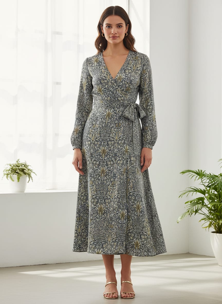 Damask Patterns On Yukon Gold Digital Printed Fabric - Crepe