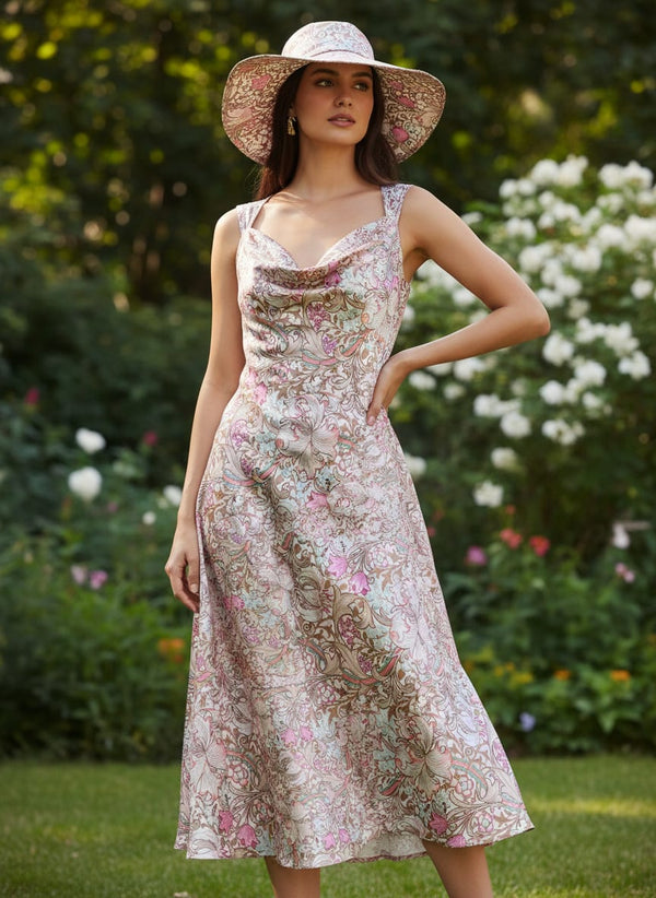 Festive Curve Design Pink Doted Flower Digital Printed Fabric - Japan Satin - alternate view