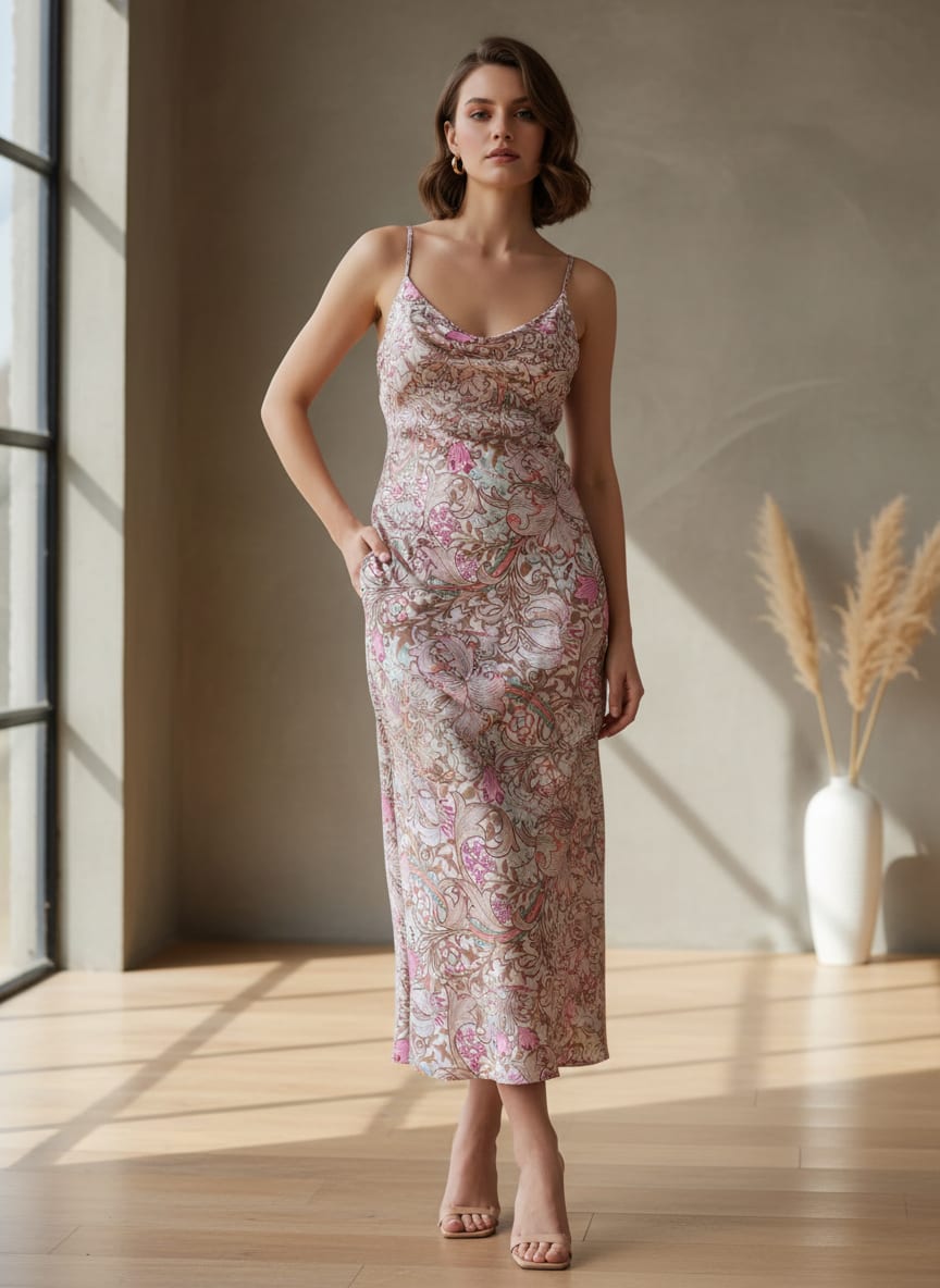 Festive Curve Design Pink Doted Flower Digital Printed Fabric - Japan Satin