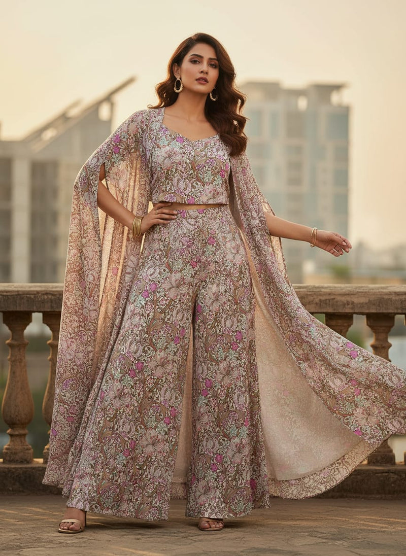 Festive Curve Design Pink Doted Flower Digital Printed Fabric - Pure Georgette