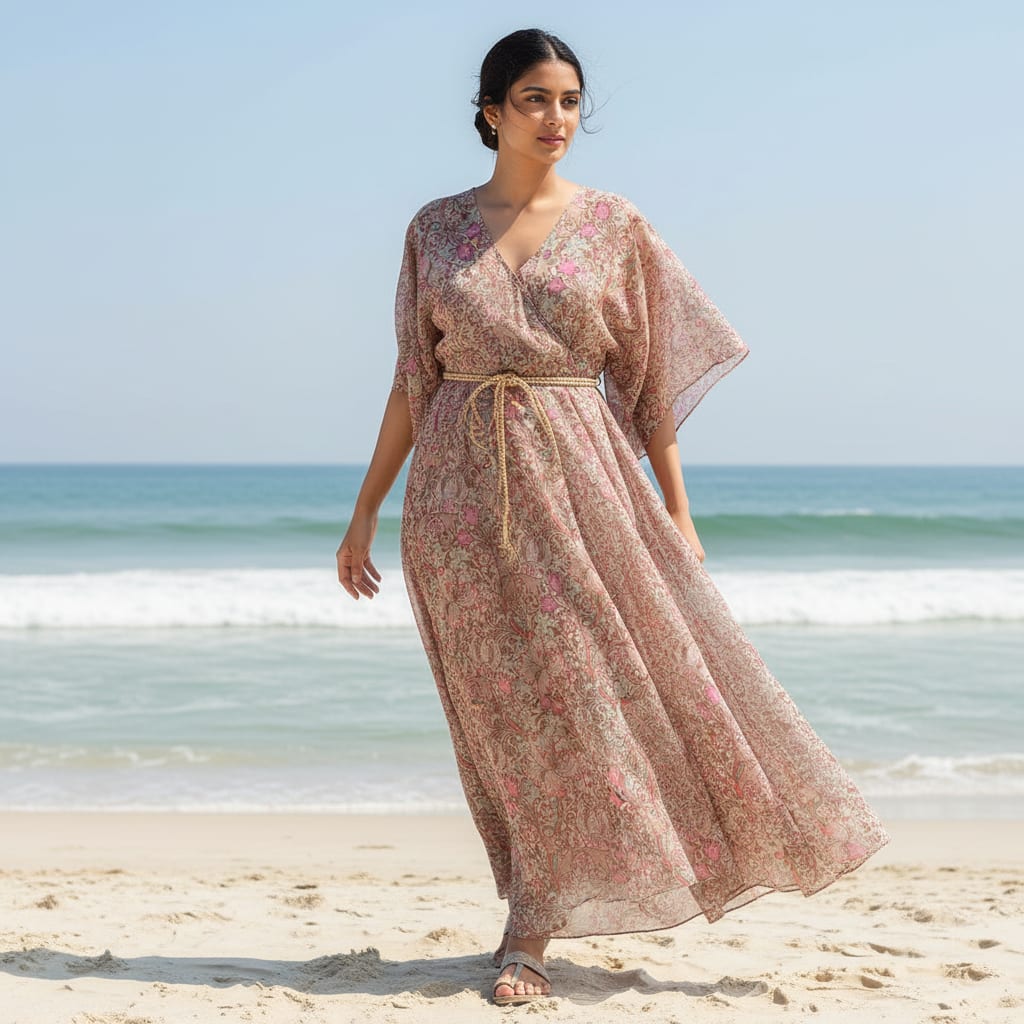 Festive Curve Design Pink Doted Flower Digital Printed Fabric - Pure Chiffon