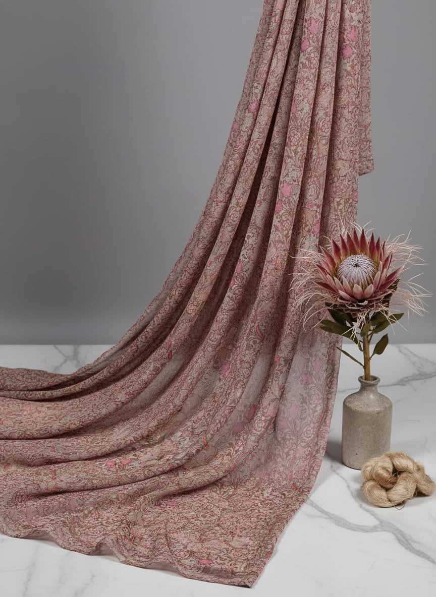 Peach Vintage Paisley Floral Damask Pure Chiffon Digital Printed Fabric