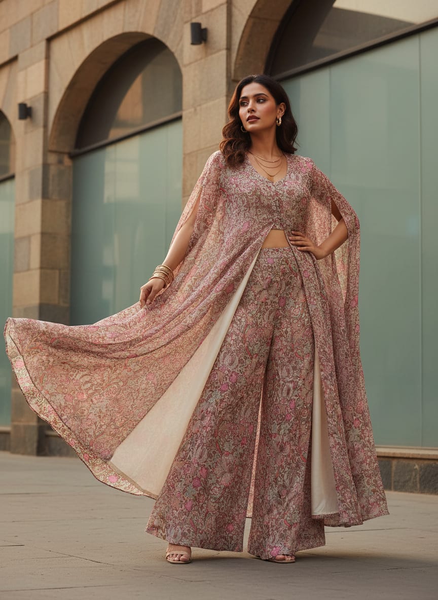 Festive Curve Design Pink Doted Flower Digital Printed Fabric - Pure Chiffon