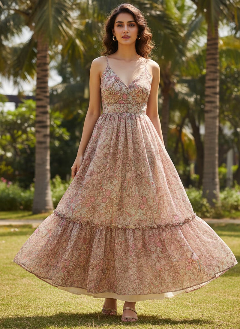 Festive Curve Design Pink Doted Flower Digital Printed Fabric - Pure Chiffon