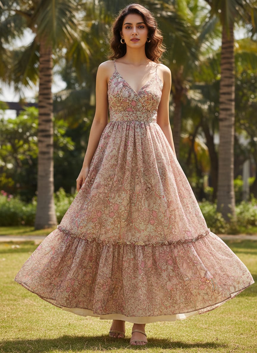 Festive Curve Design Pink Doted Flower Digital Printed Fabric - Pure Chiffon