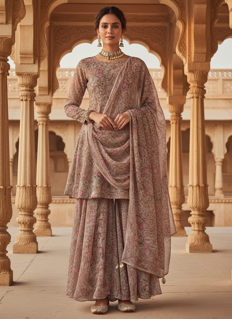 Festive Curve Design Pink Doted Flower Digital Printed Fabric - Pure Chiffon