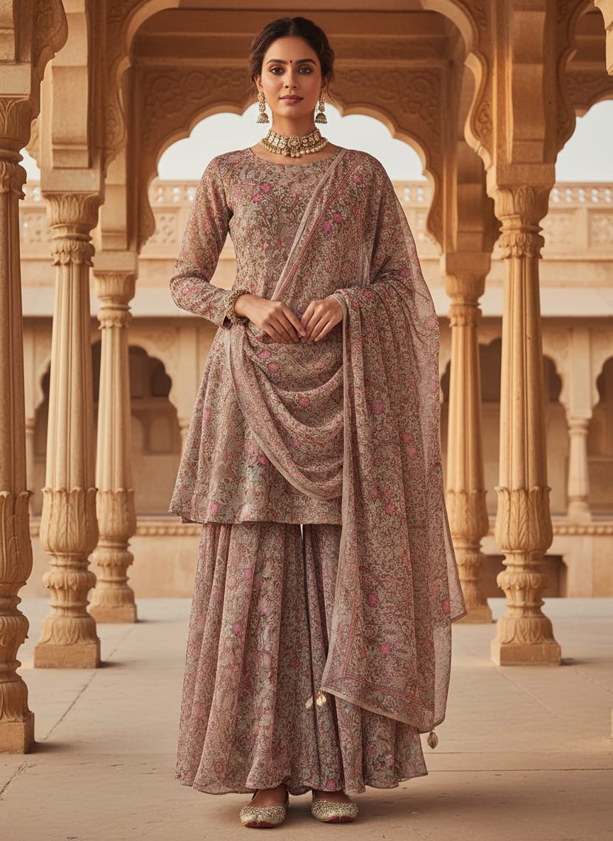 Festive Curve Design Pink Doted Flower Digital Printed Fabric - Pure Chiffon