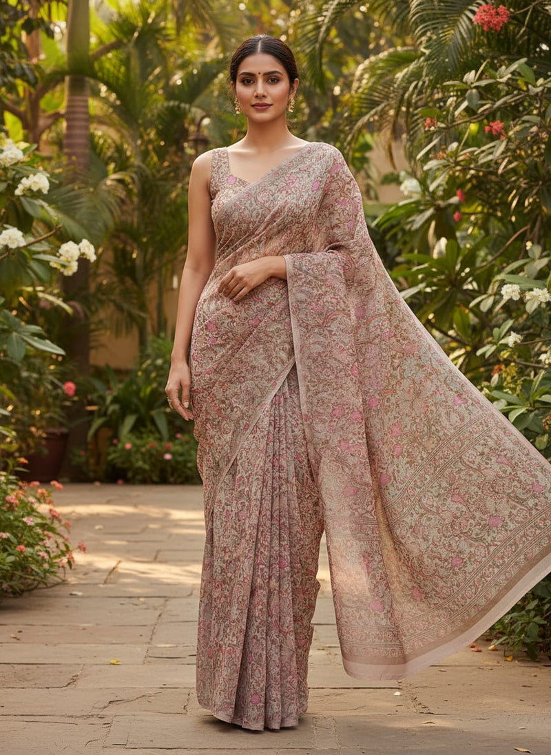 Festive Curve Design Pink Doted Flower Digital Printed Fabric - Pure Chiffon