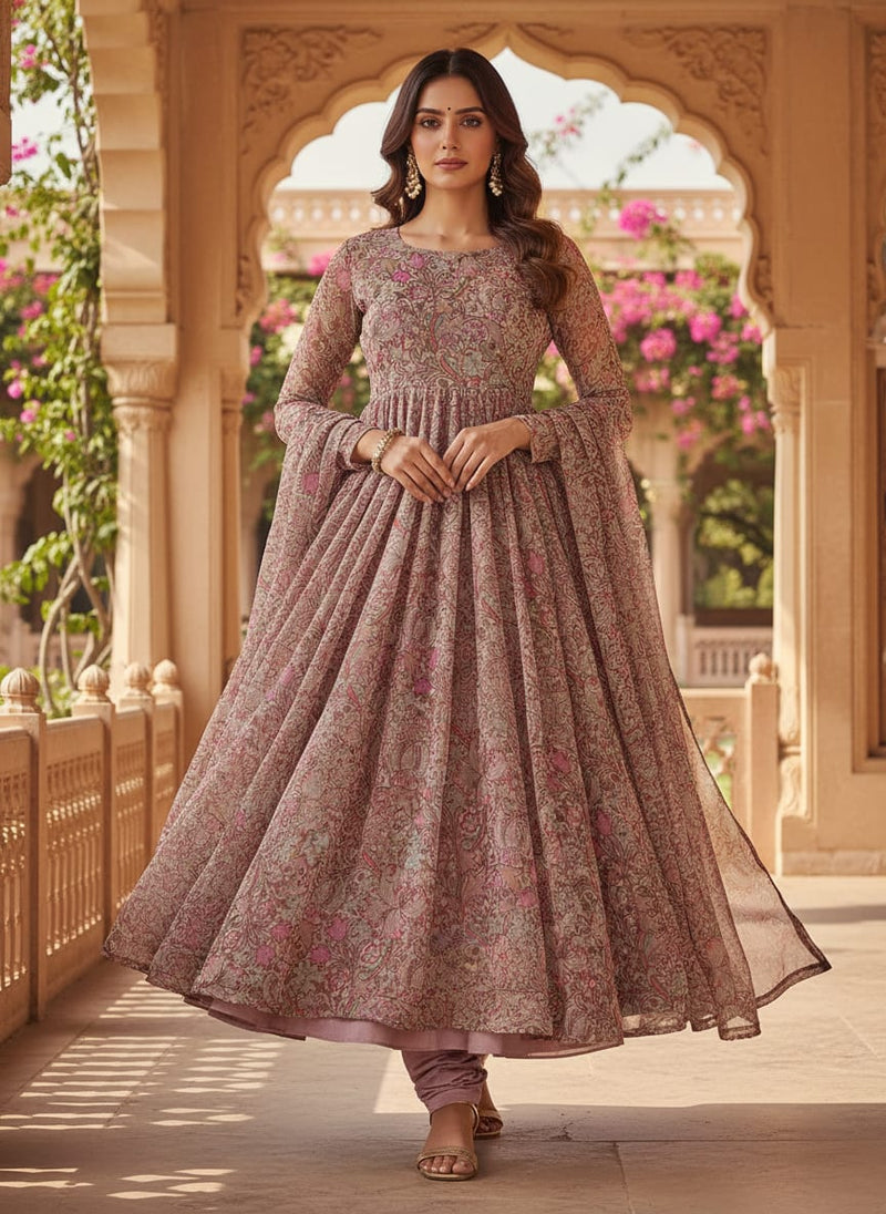 Festive Curve Design Pink Doted Flower Digital Printed Fabric - Pure Chiffon