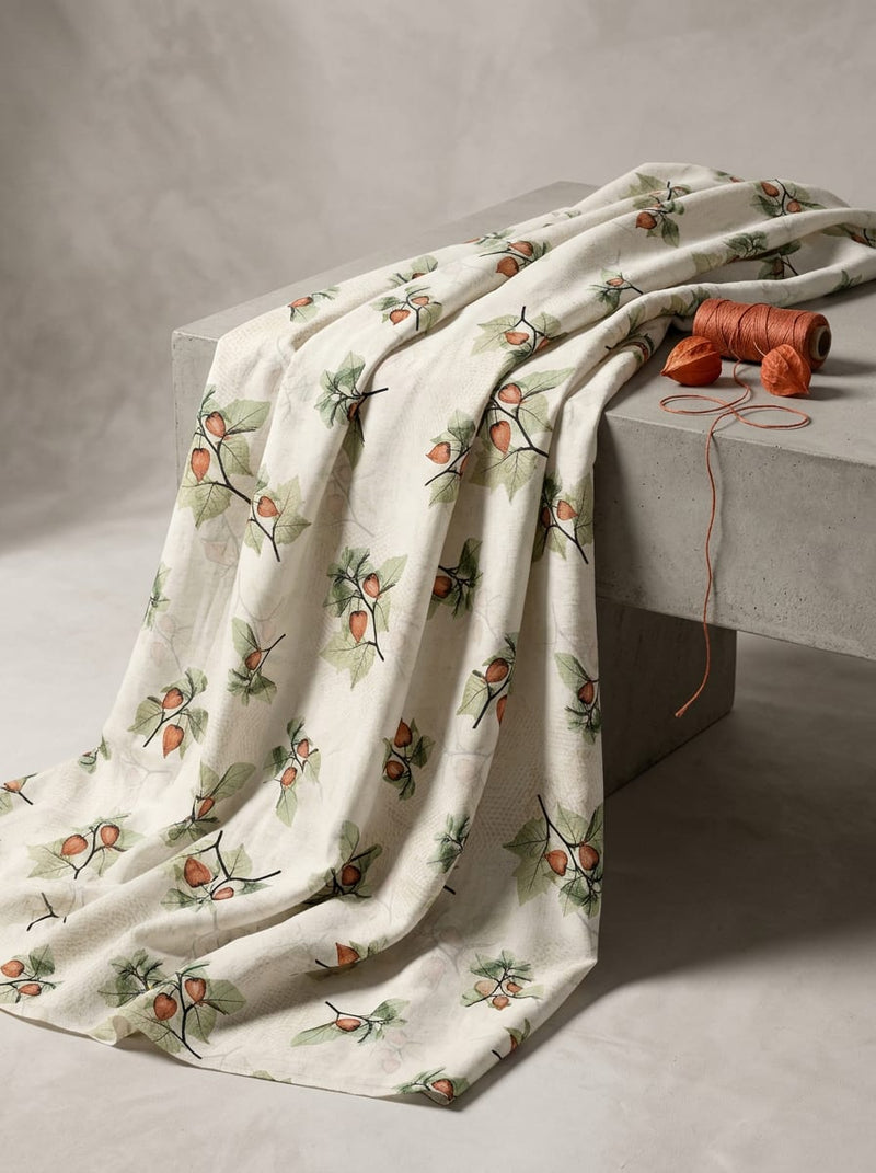 Cream Winter Cherry Botanical Muslin Digital Printed Fabric