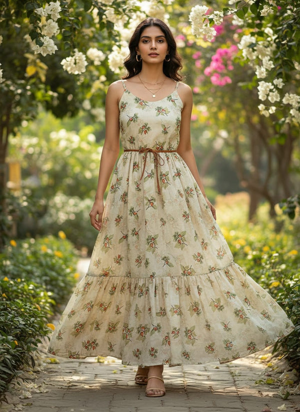 Colico Bunch Green With Orange Seads Digital Printed Fabric - Muslin - Flowy Maxi Dress Lookbook - MU-0-TA-06264-110 - alternate view