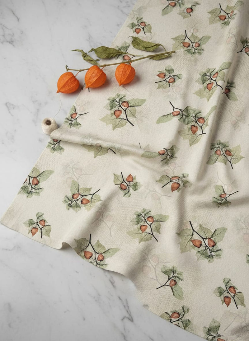 Colico Bunch Green With Orange Seads Digital Printed Fabric - Crepe