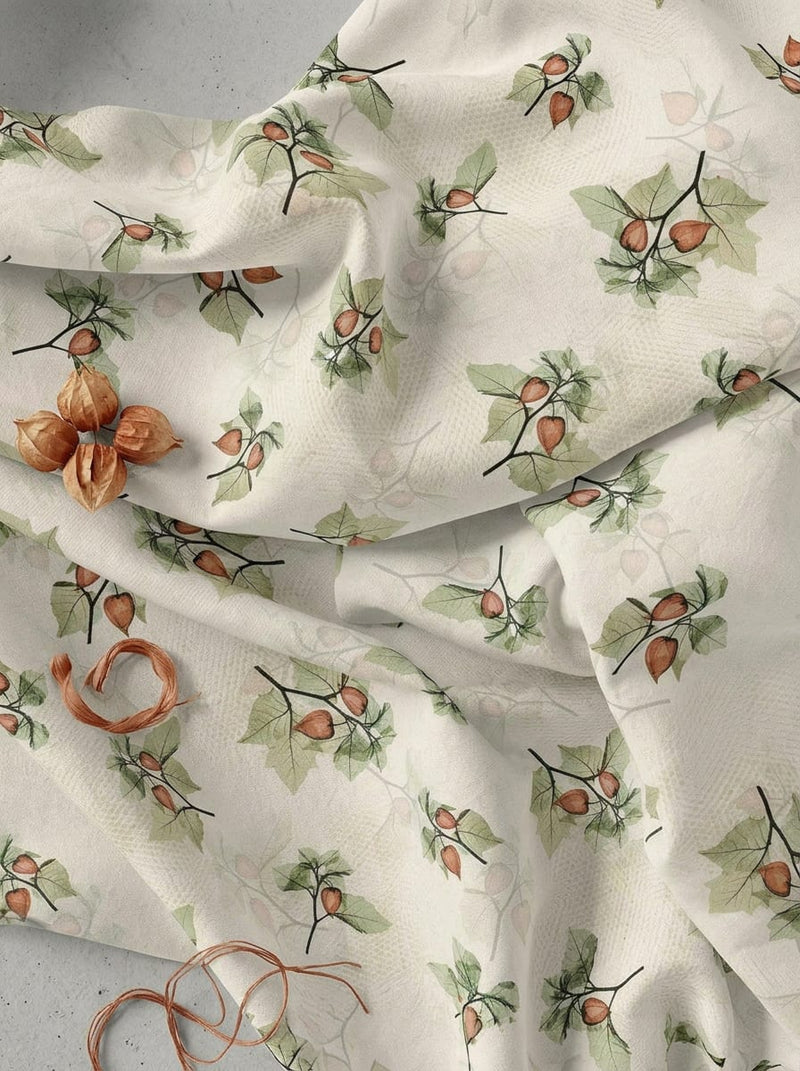 Cream Watercolor Winter Cherry Botanical Pure Cotton Digital Printed Fabric
