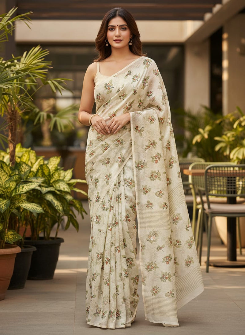 Cream Winter Cherry Botanical Upada Silk Digital Printed Fabric