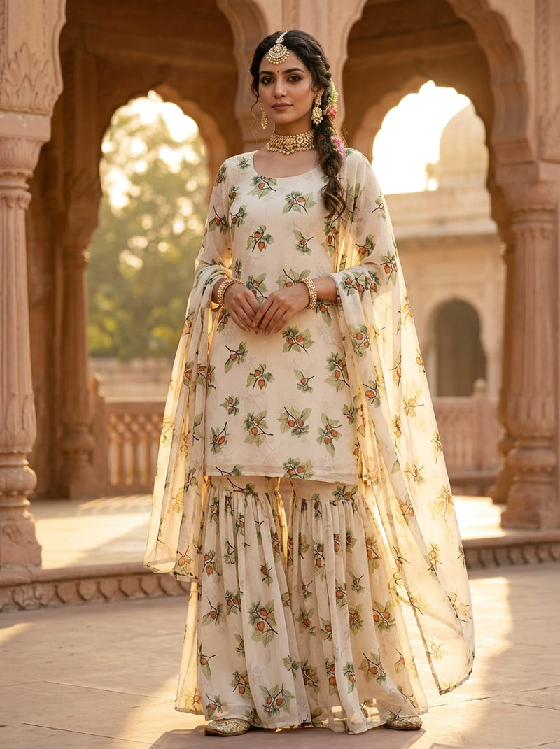 Cream Cape Gooseberry Botanical Pure Chiffon Digital Printed Fabric