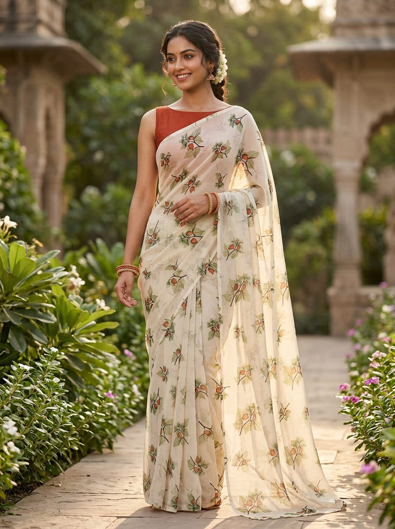 Cream Cape Gooseberry Botanical Pure Chiffon Digital Printed Fabric
