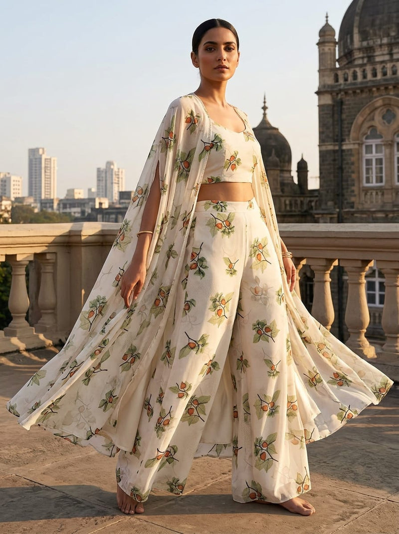 Cream Cape Gooseberry Botanical Pure Chiffon Digital Printed Fabric