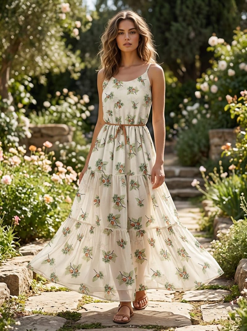 Cream Cape Gooseberry Botanical Pure Chiffon Digital Printed Fabric