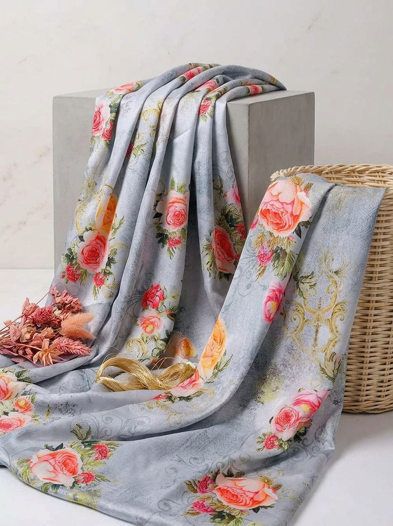 Grey Vintage Rose Floral Japan Satin Digital Printed Fabric