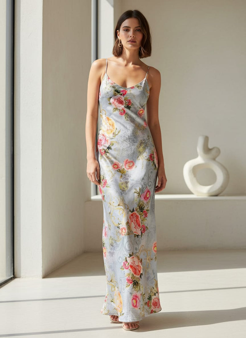 Grey Vintage Rose Floral Japan Satin Digital Printed Fabric