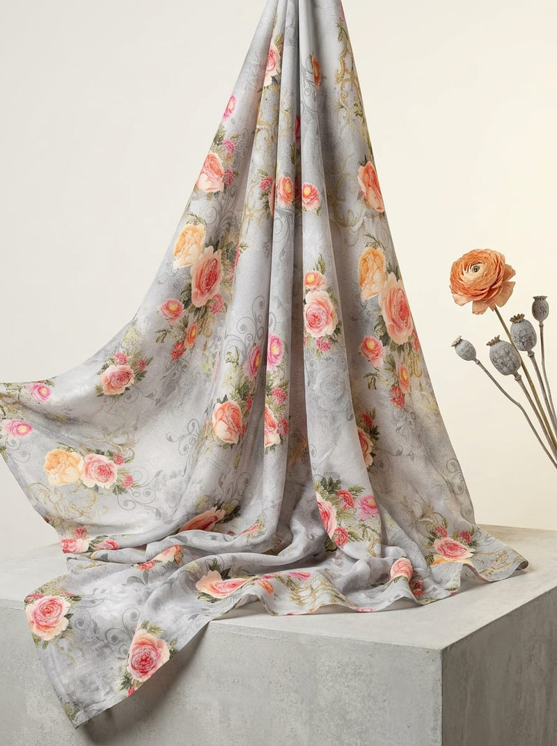 Grey English Garden Rose Floral Pure Muslin Digital Printed Fabric