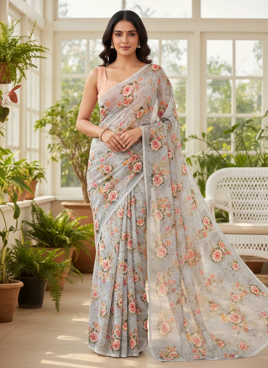 Grey Vintage Rose Bouquets Pure Georgette Digital Printed Fabric