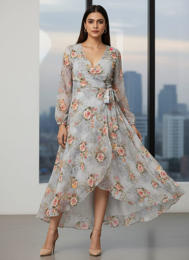 Bright Vintage Pink With Orange Rose Digital Printed Fabric - Pure Georgette