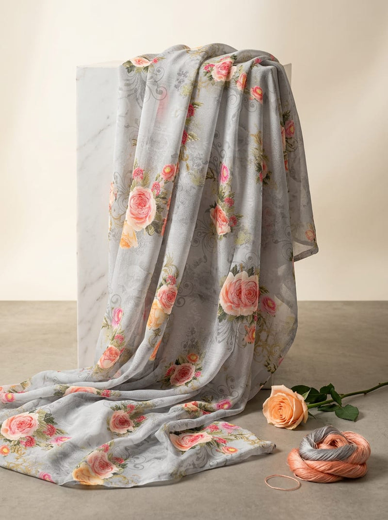 Grey Vintage Rose Bouquets Pure Georgette Digital Printed Fabric