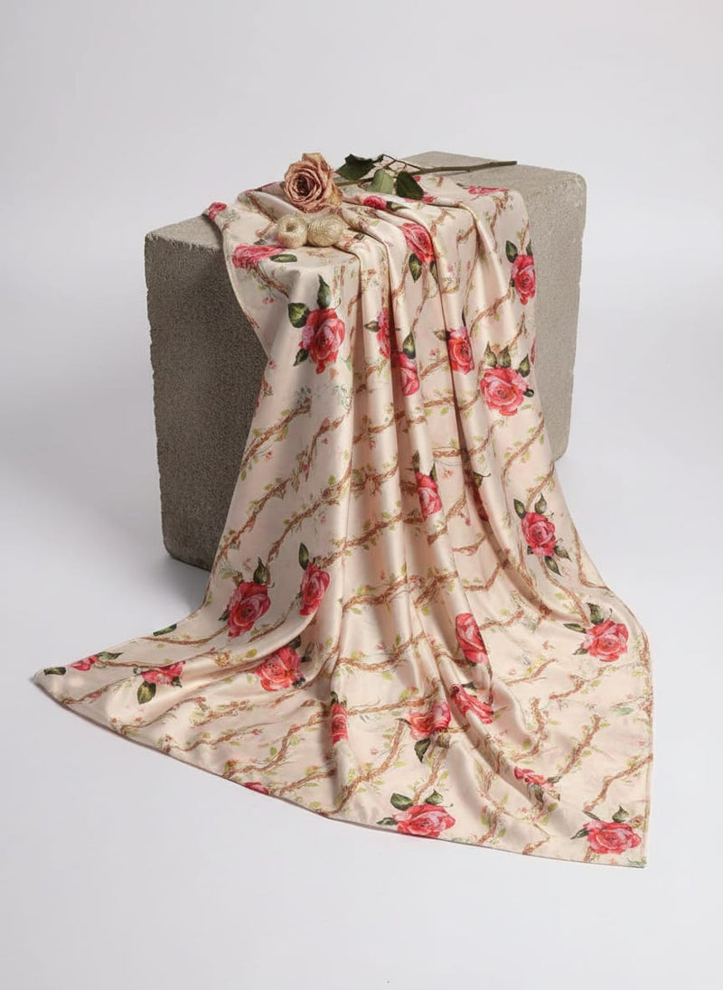 Autumnal Red Roses With Leaves Digital Printed Fabric - Japan Satin