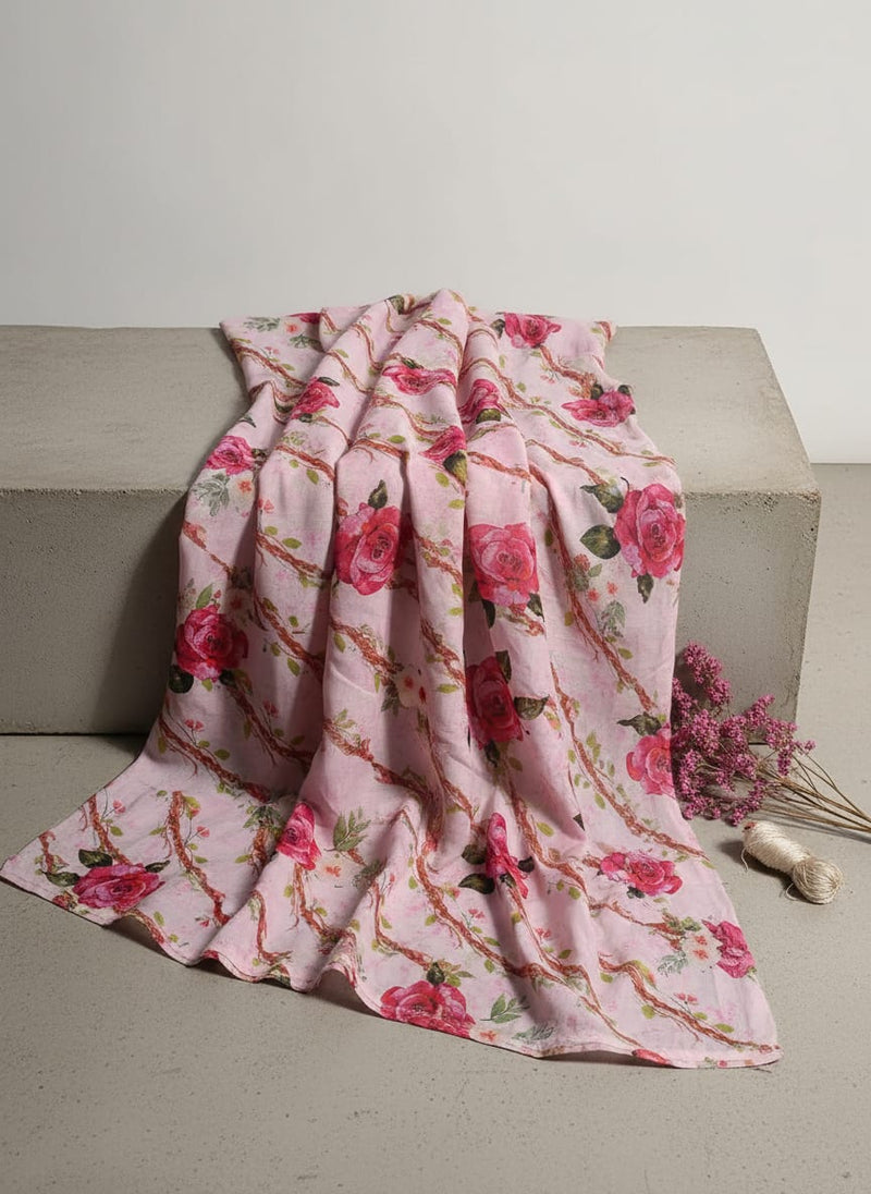 Autumnal Red Roses With Leaves Digital Printed Fabric - Pure Cotton
