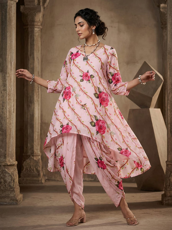 Pink Climbing Rose Vine Floral Pure Cotton Digital Printed Fabric - Asymmetric Tunic with Dhoti Pants Lookbook - PCO-0-TA-06478-108 - alternate view