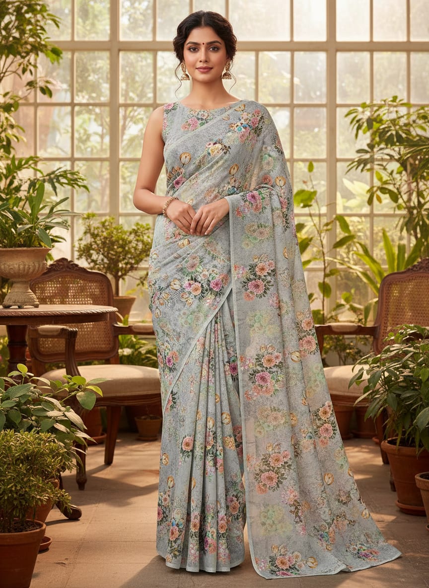 Colico Blue Rose With Purple Digital Printed Fabric - Tusser Silk