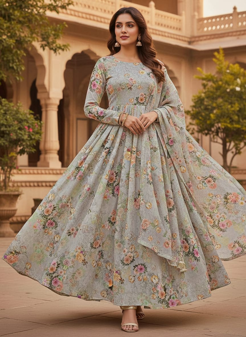 Colico Blue Rose With Purple Digital Printed Fabric - Tusser Silk
