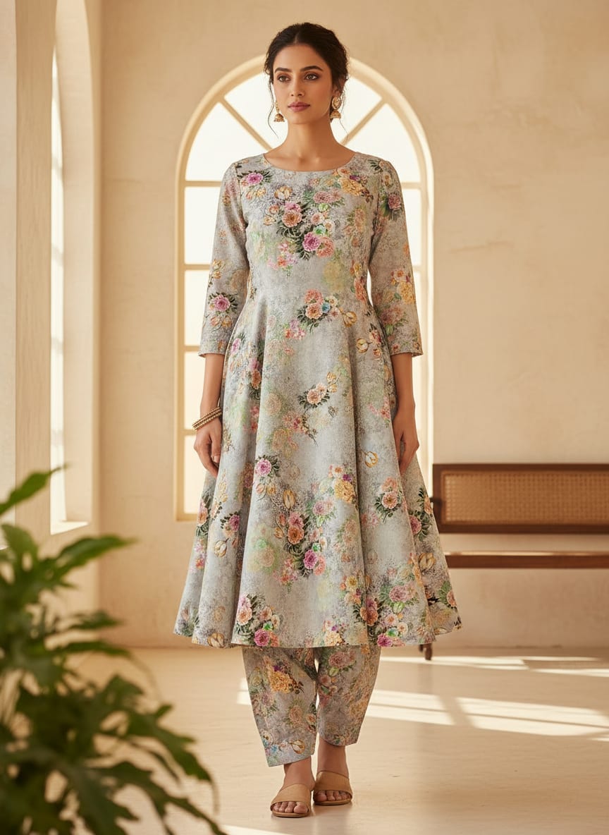 Colico Blue Rose With Purple Digital Printed Fabric - Tusser Silk