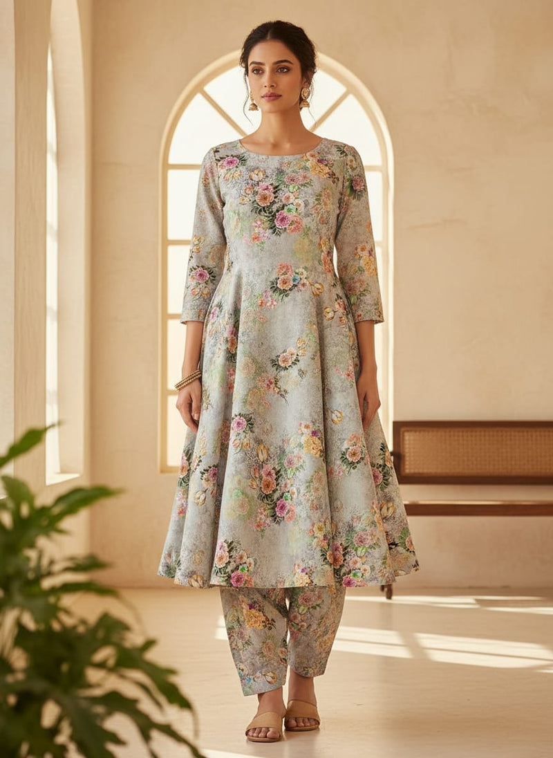 Colico Blue Rose With Purple Digital Printed Fabric - Tusser Silk