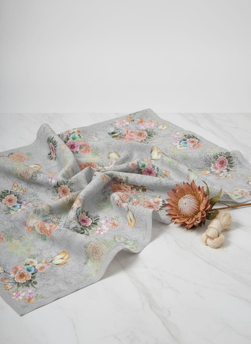 Grey Vintage Floral Bouquets Tusser Silk Digital Printed Fabric
