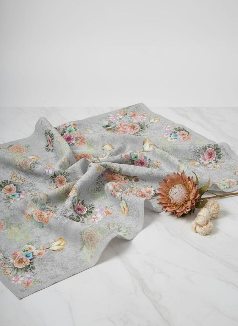 Grey Vintage Floral Bouquets Tusser Silk Digital Printed Fabric