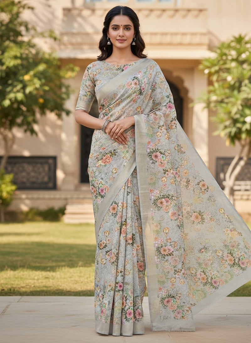 Colico Blue Rose With Purple Digital Printed Fabric - Kora Silk