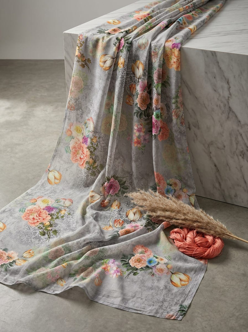 Grey Watercolour Floral Bouquet Muslin Digital Printed Fabric