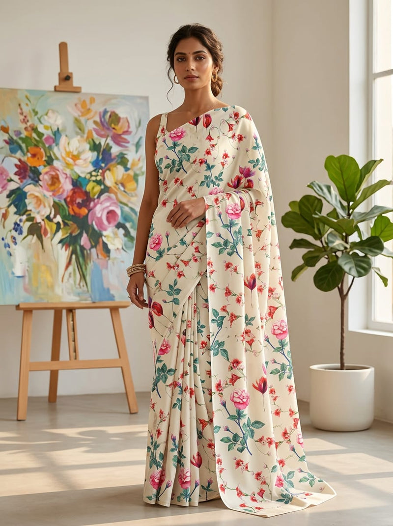 Multicolor Watercolour Floral Garden Upada Silk Digital Printed Fabric