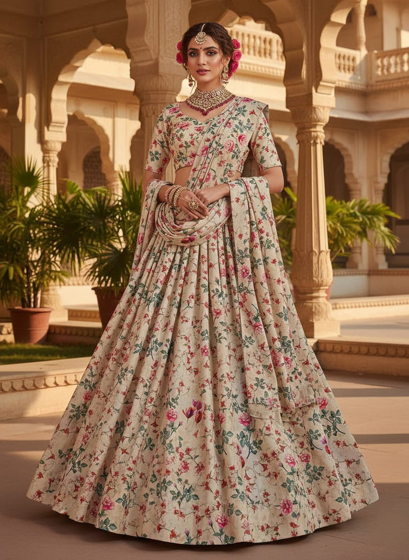 Beautiful Ditsy Red Rose With Lavender Rose  - Upada Silk
