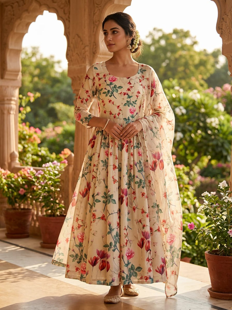 Multicolor Watercolour Floral Garden Upada Silk Digital Printed Fabric