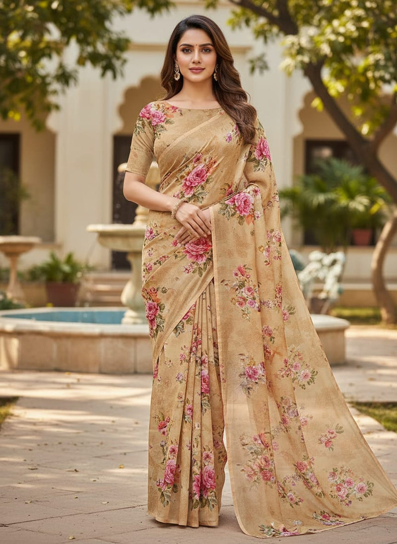Chintz Pink Florish Flower Digital Printed Fabric - Kora Silk