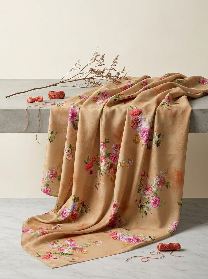 Peach Vintage Rose Bouquet Kora Silk Digital Printed Fabric
