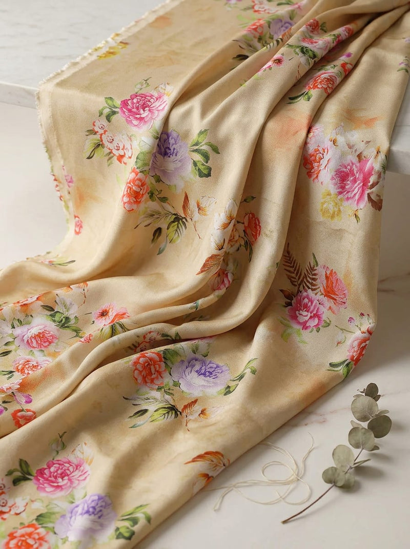 Cream Vintage Floral Bouquet Silk Crepe Digital Printed Fabric