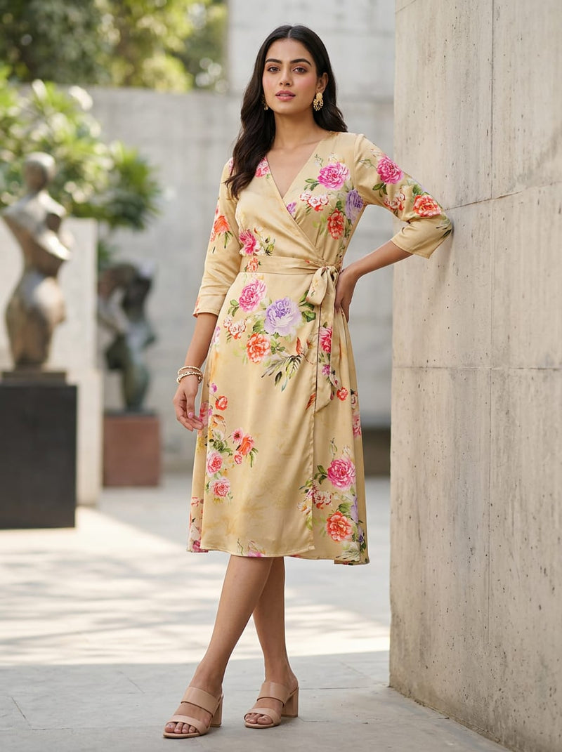 Cream Vintage Floral Bouquet Silk Crepe Digital Printed Fabric