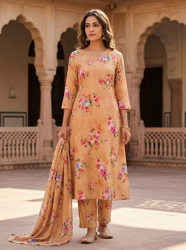 Peach Painterly Rose Bouquet Pure Muslin Digital Printed Fabric - A-Line Kurta with Salwar Lookbook - PM-0-TA08282P1-110 - alternate view
