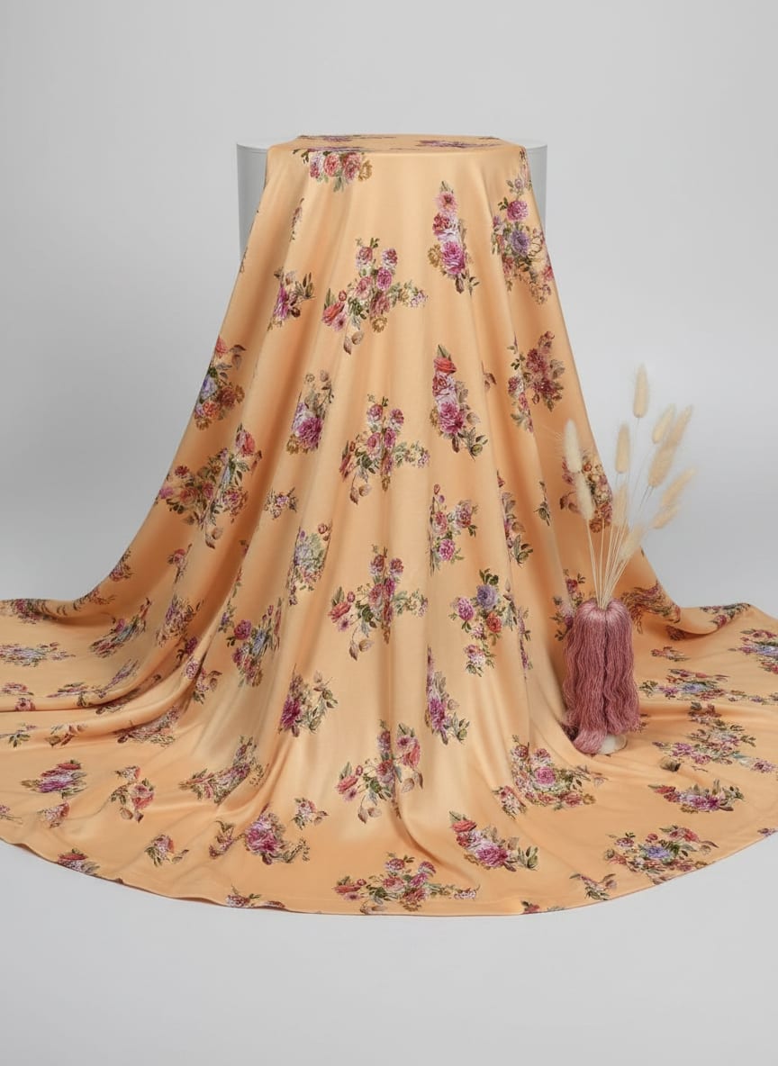 Peach Scattered Rose Bouquets Japan Satin Digital Printed Fabric