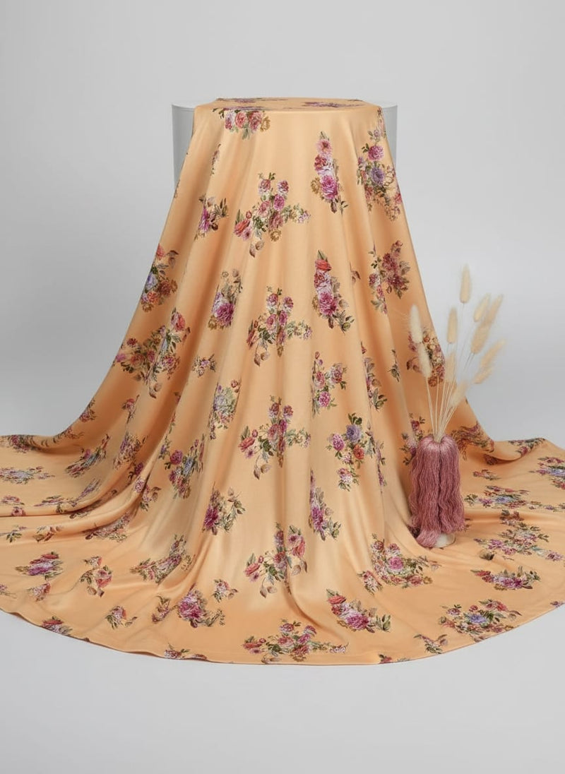 Peach Scattered Rose Bouquets Japan Satin Digital Printed Fabric